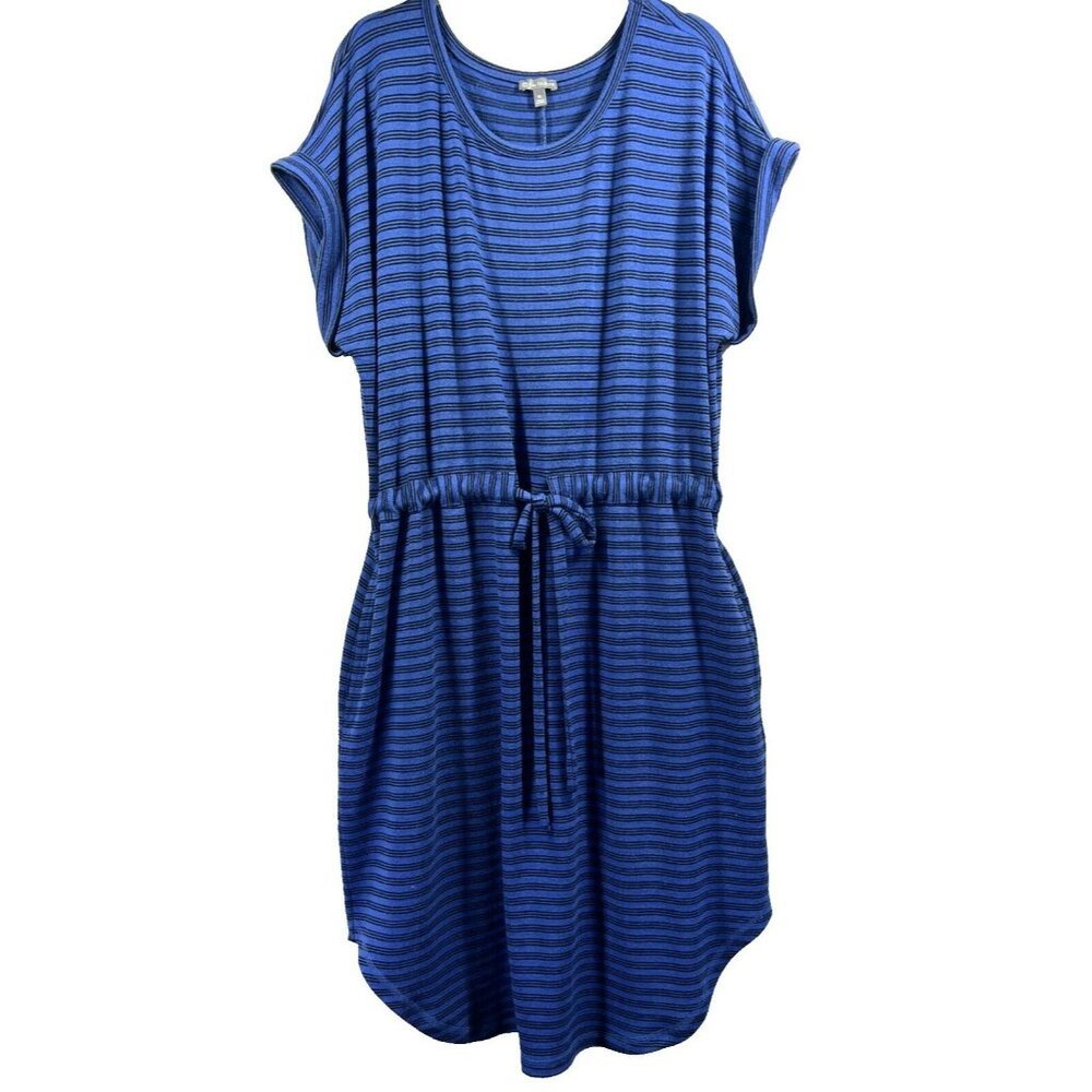 Talbots Sweater Dress Size XL Blue Black‎ Stripe Short Cuffed Sleeves Tie Waist